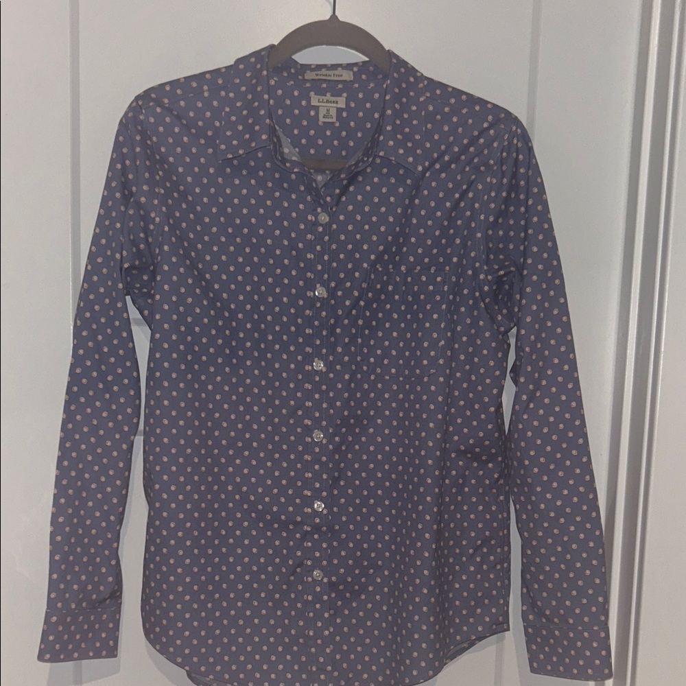 L.L. Bean Dark Blue Button-Down with White & Pink Mini Flowers Wrinkle-free